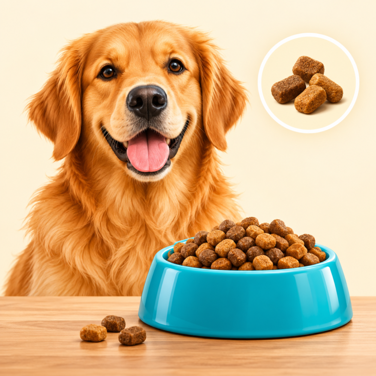 Golden retriever met een voerbak hondenbrokken en een droogvoer-icoon