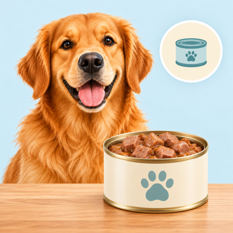 Golden retriever met een blik natvoer en een natvoer-icoon