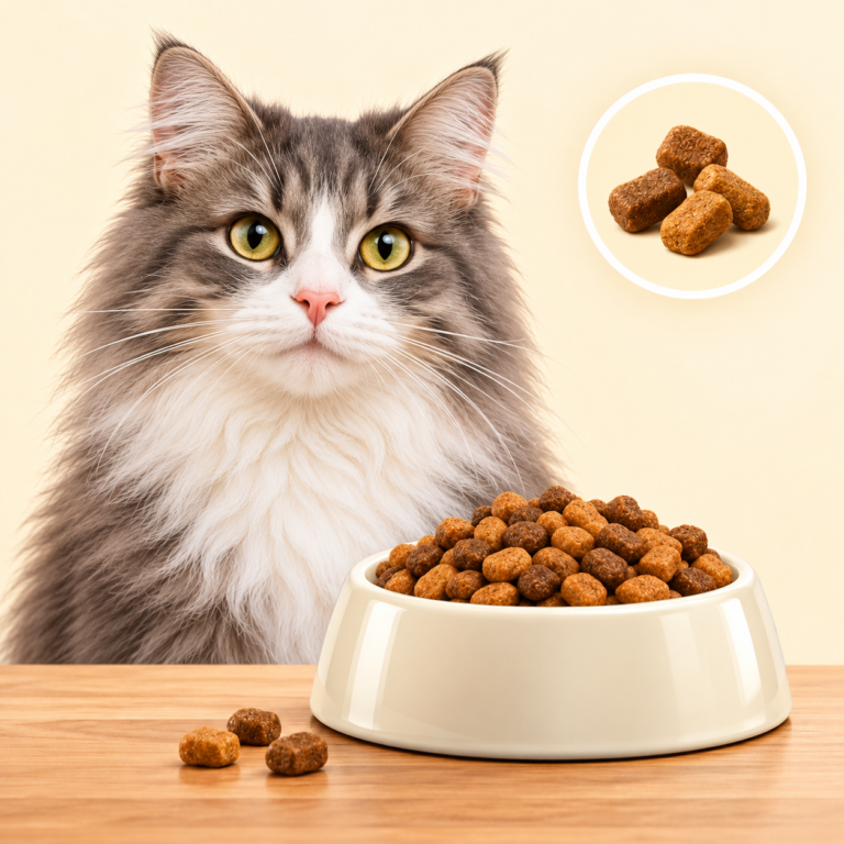Grijs-witte kat bij een voerbak kattenbrokken en een droogvoer-icoon